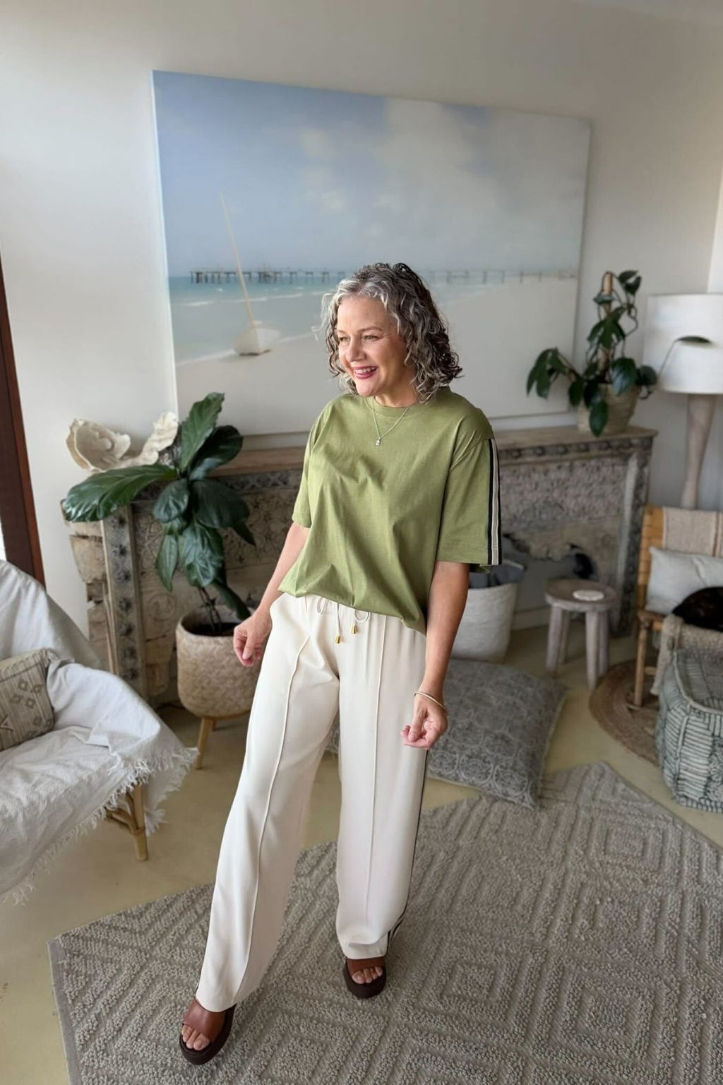 Khaki Oversized Stripe Sleeve T-Shirt