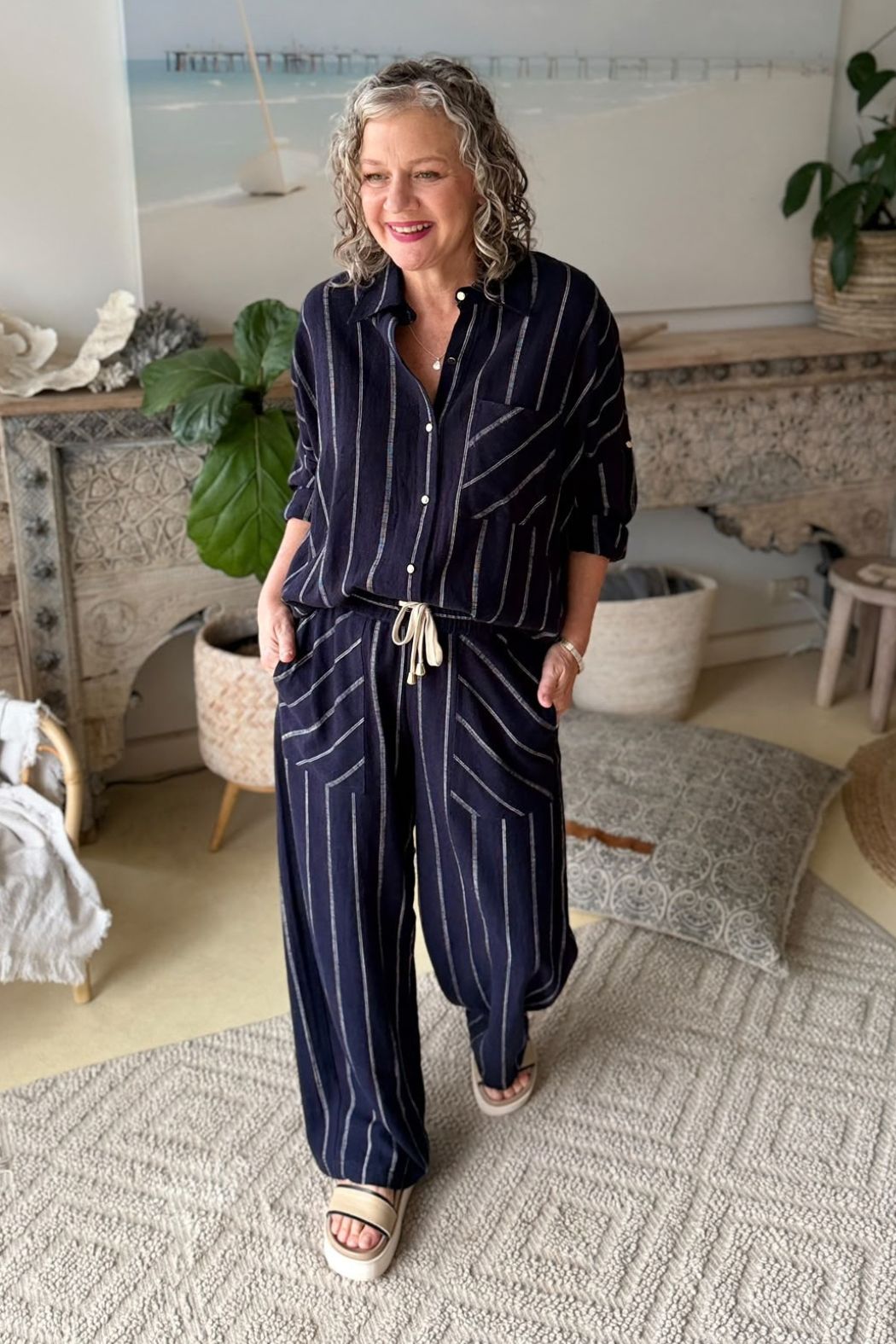 Navy Linen Drawstring Pant