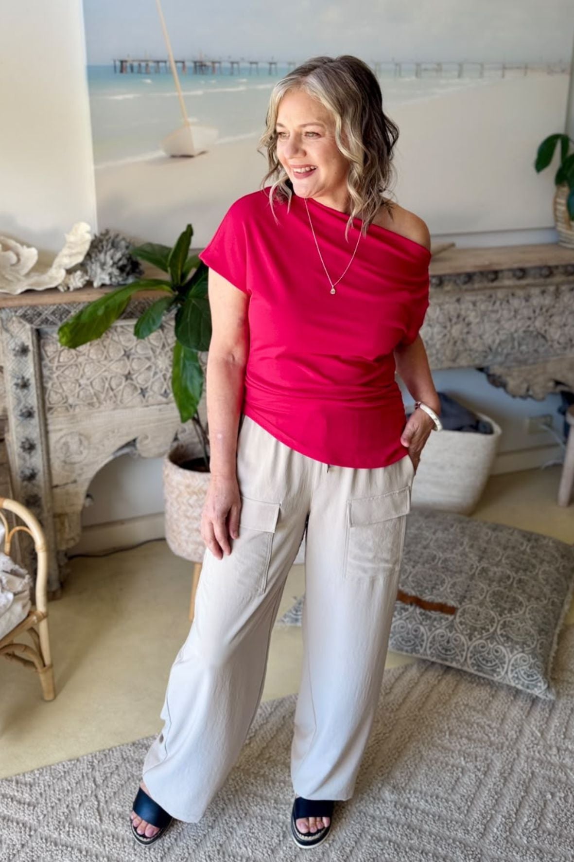 Crimson Tencel Off Shoulder Top