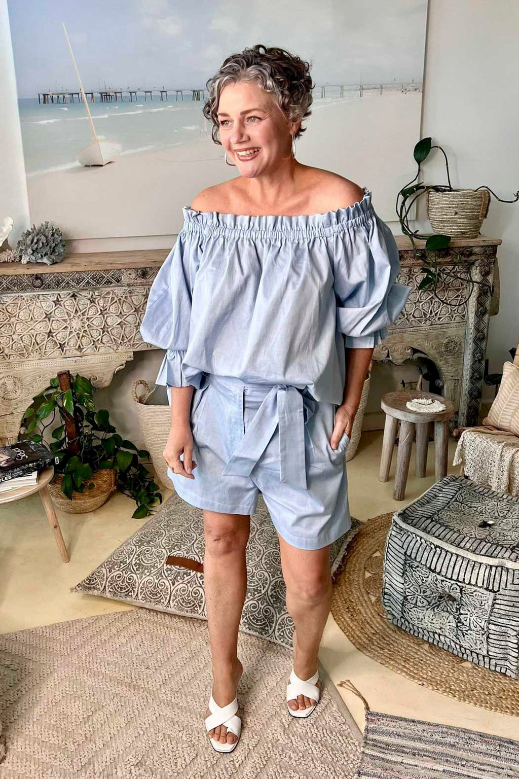 Chambray Cotton Off Shoulder Top NT