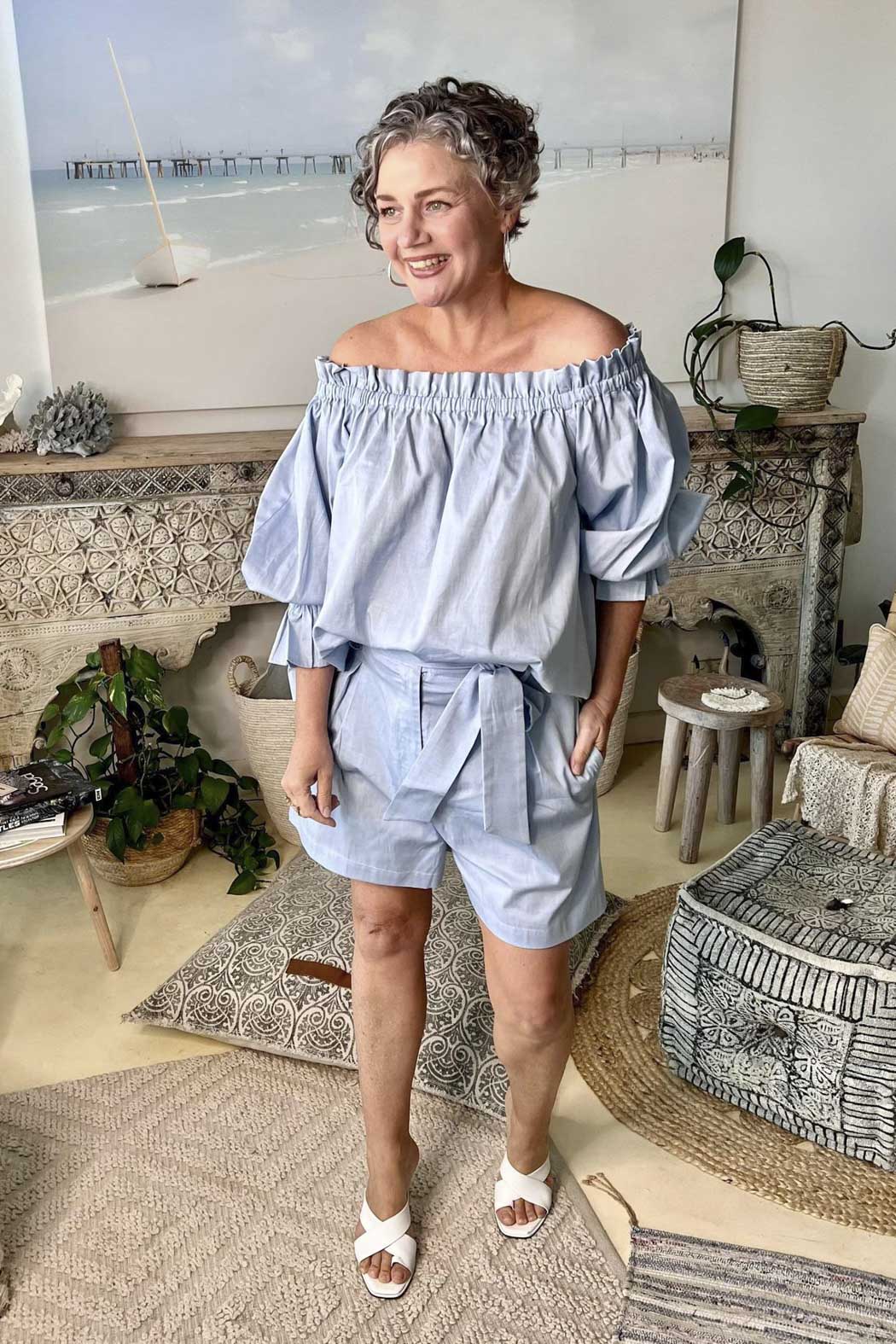 Chambray Cotton Off Shoulder Top NT