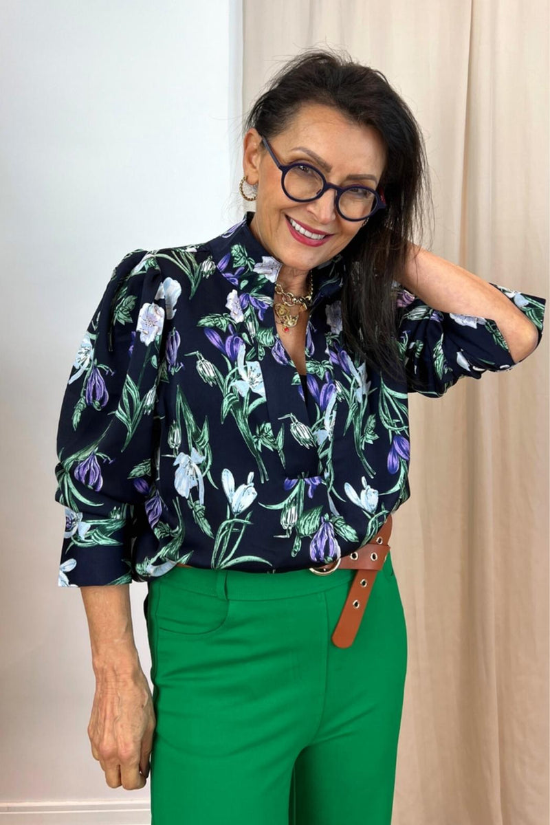 Navy Floral Silky Puff Shirt - SALE