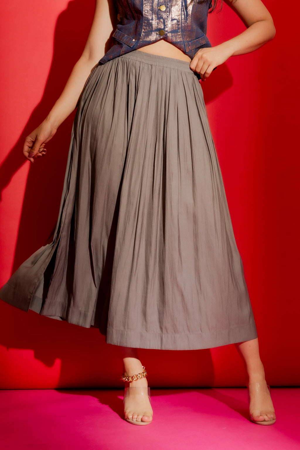 Taupe Silky Pleat Skirt