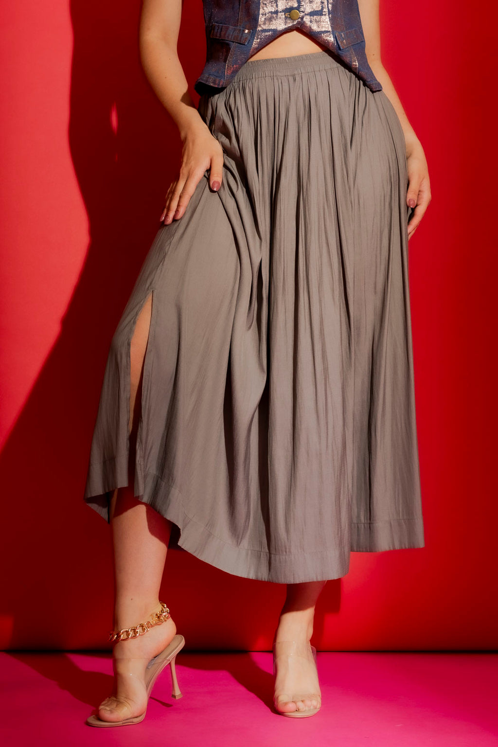 Taupe Silky Pleat Skirt