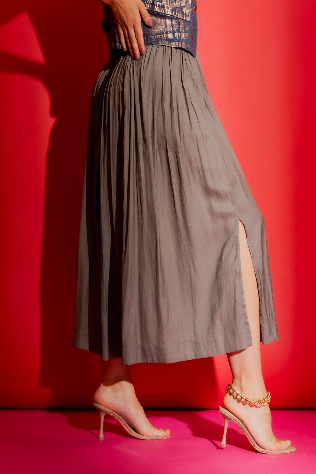 Taupe Silky Pleat Skirt