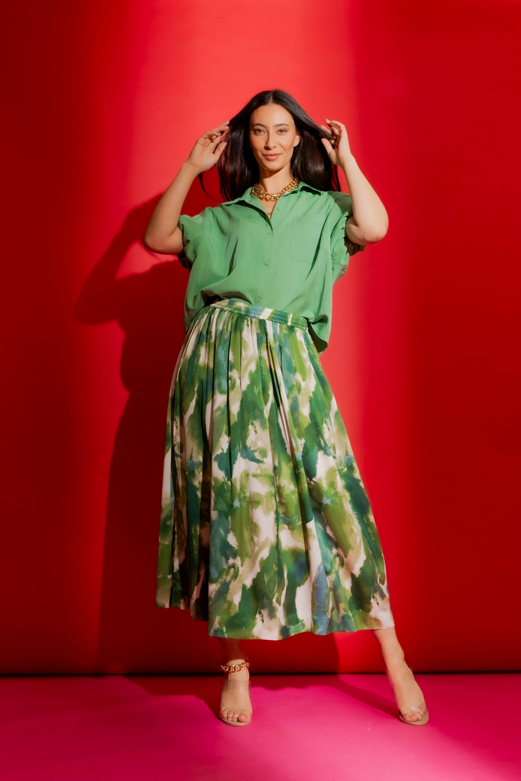 Green Silky Pleat Skirt