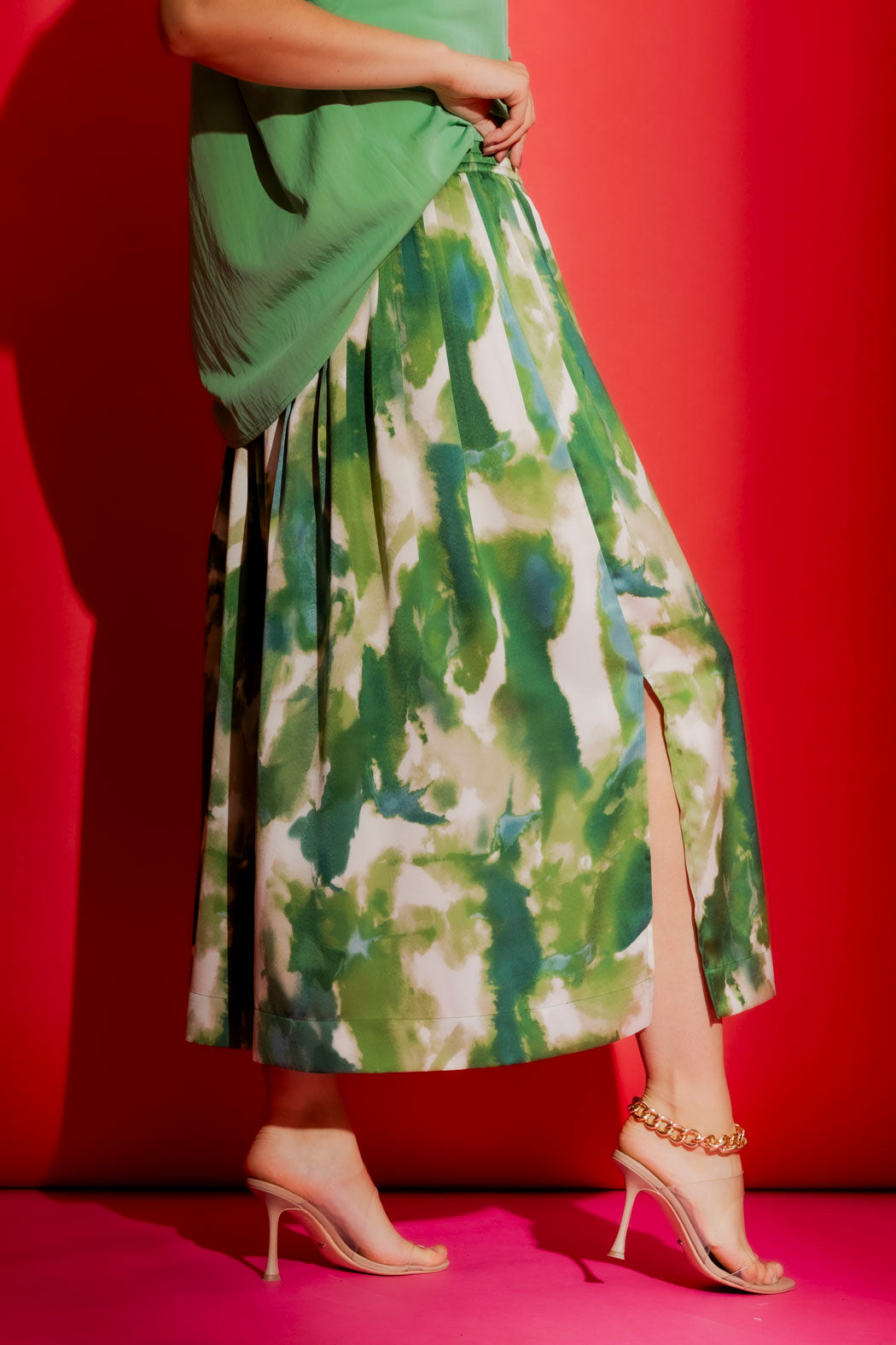 Green Silky Pleat Skirt