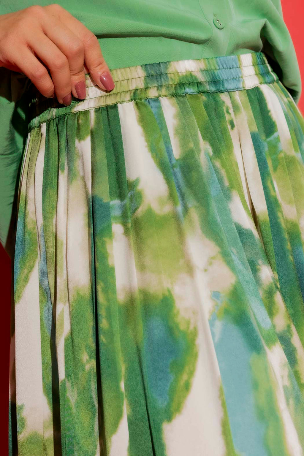 Green Silky Pleat Skirt