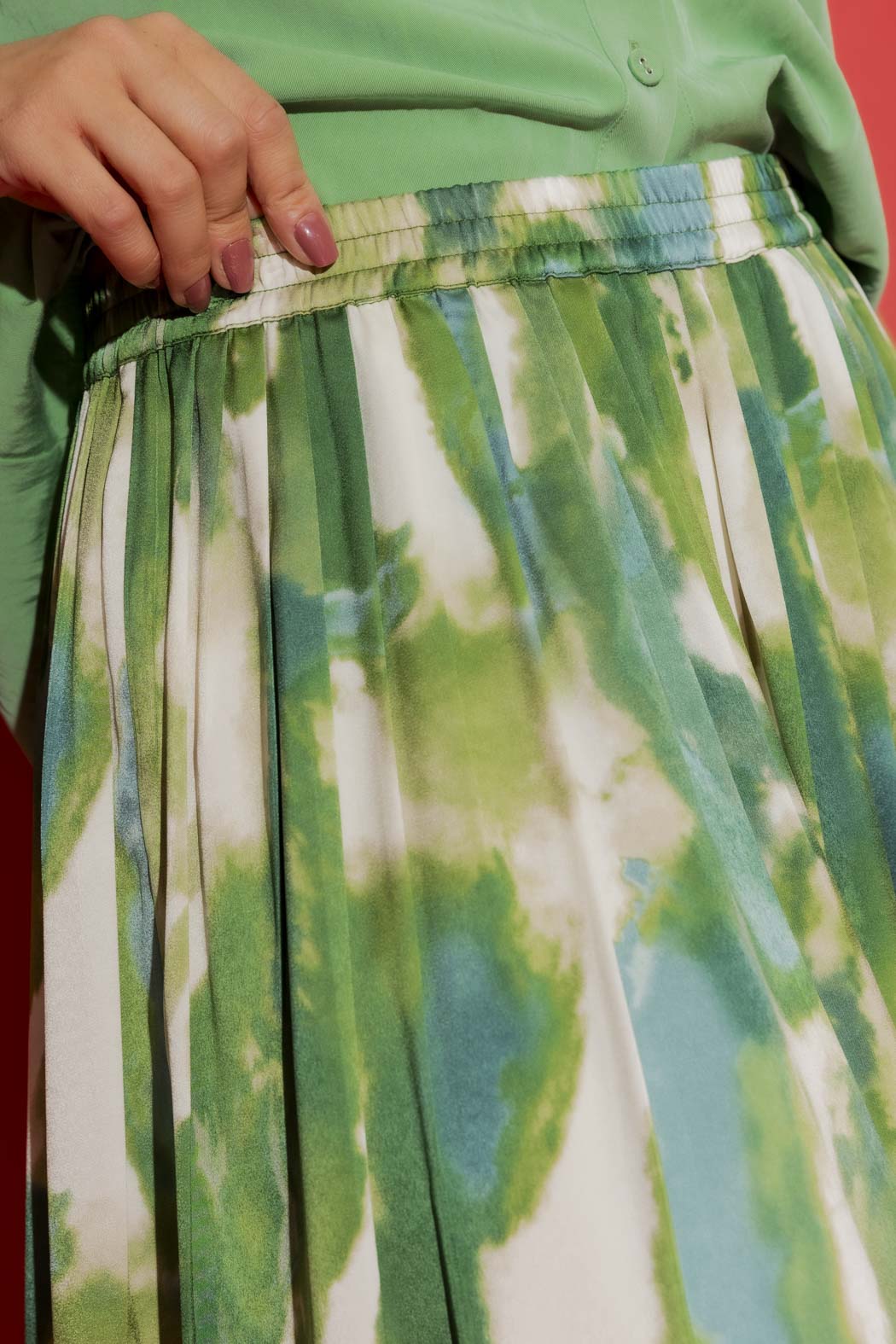 Green Silky Pleat Skirt