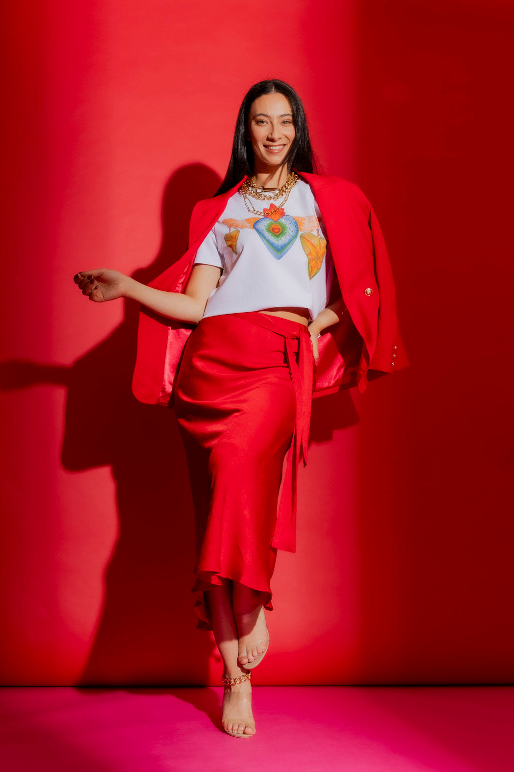 Red Bias Belted Skirt