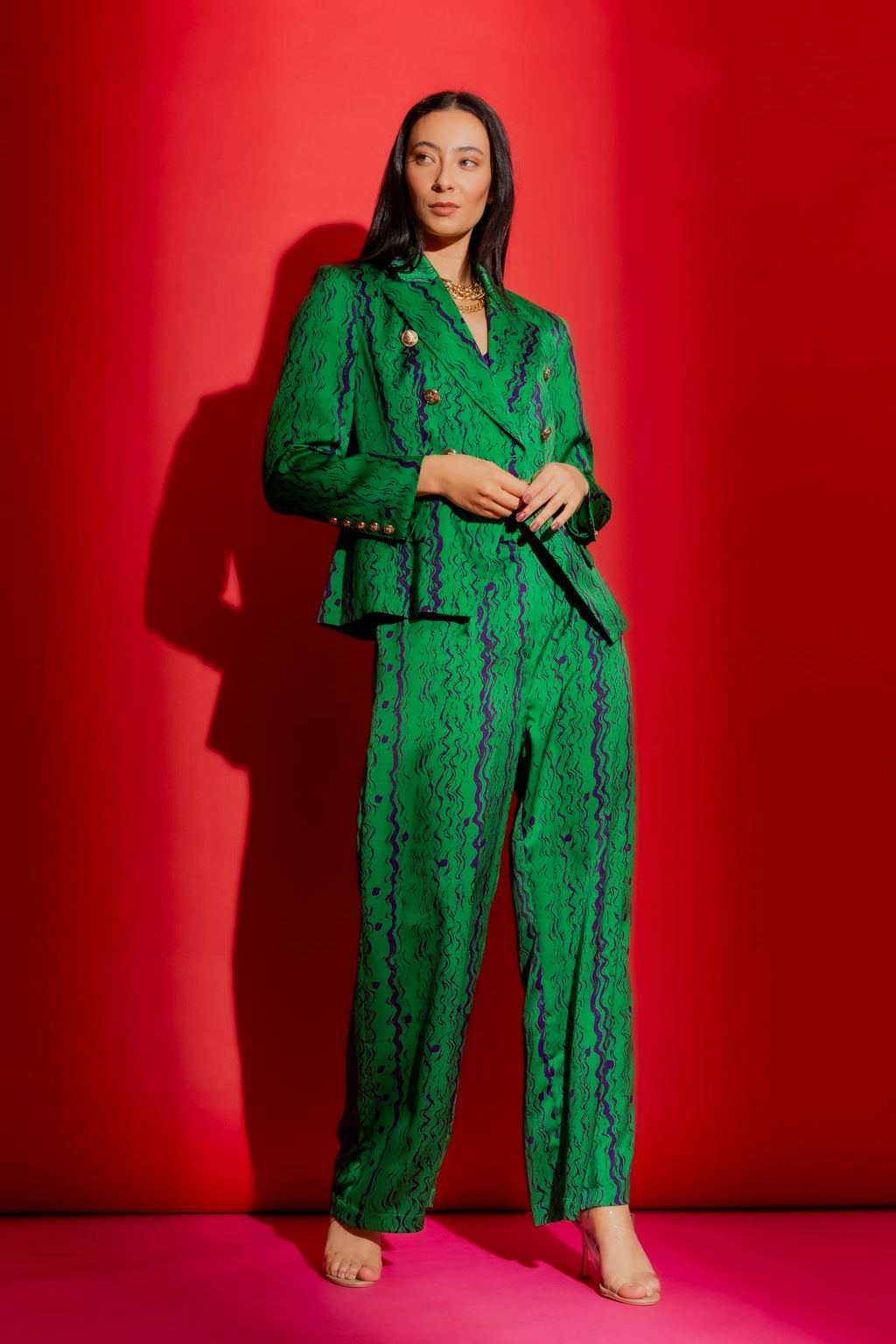 Green/Purple Silky Paperbag Pant