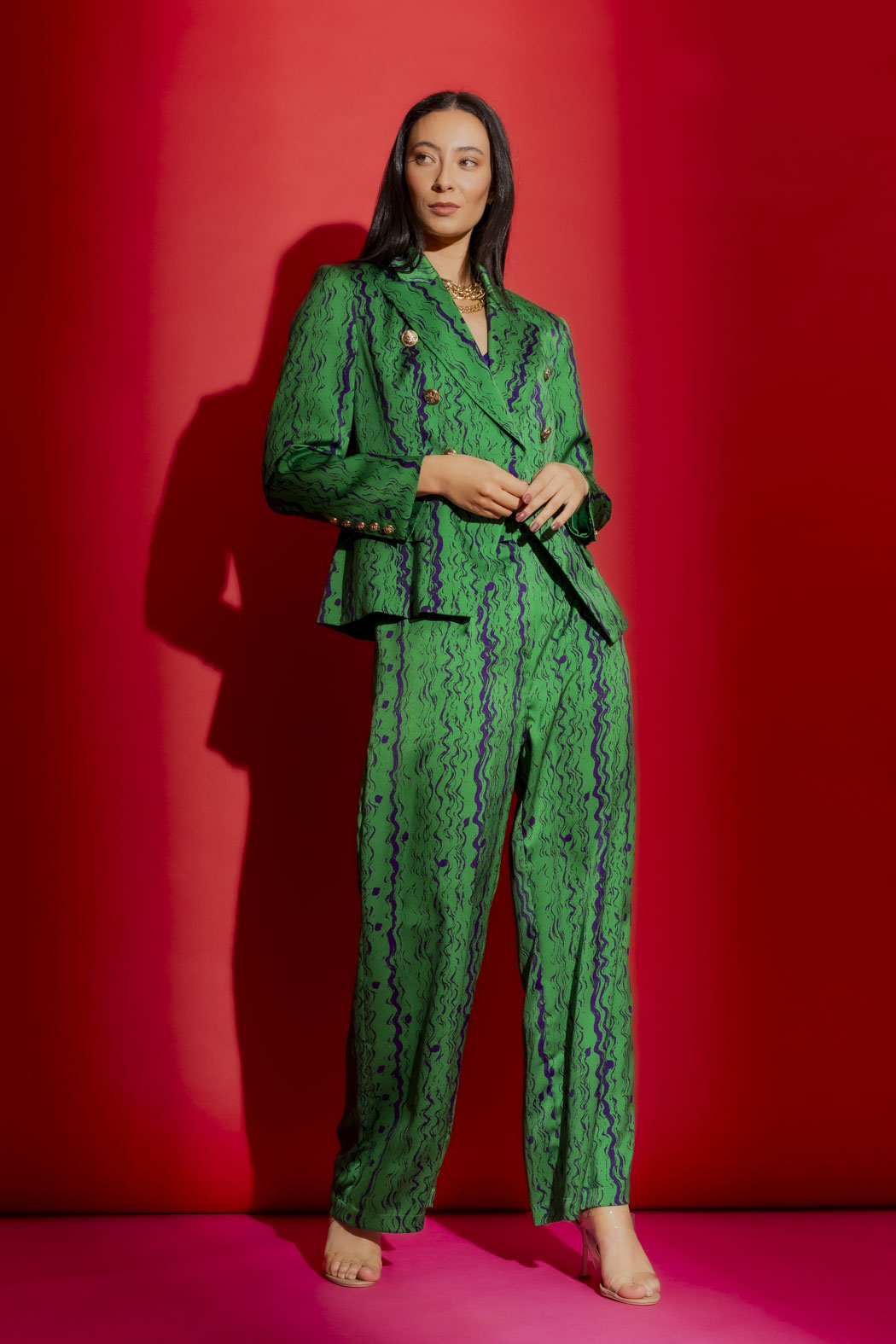 Green/Purple Silky Paperbag Pant
