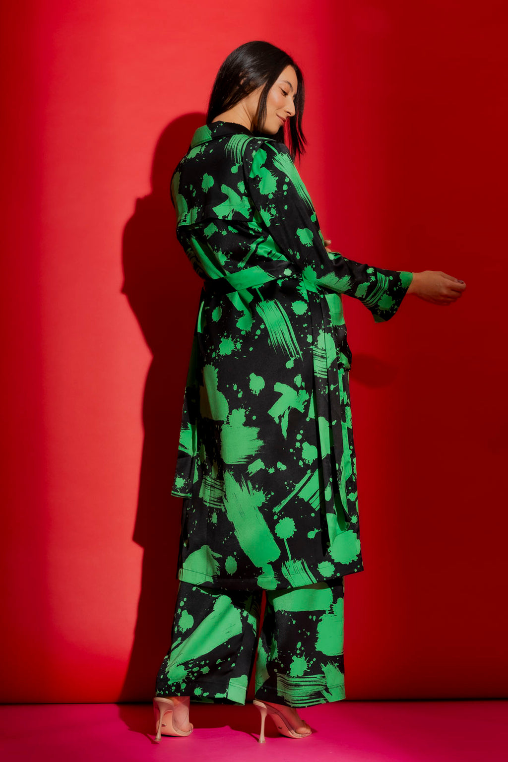 Black/Green Print Trench Coat