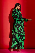Black/Green Print Trench Coat