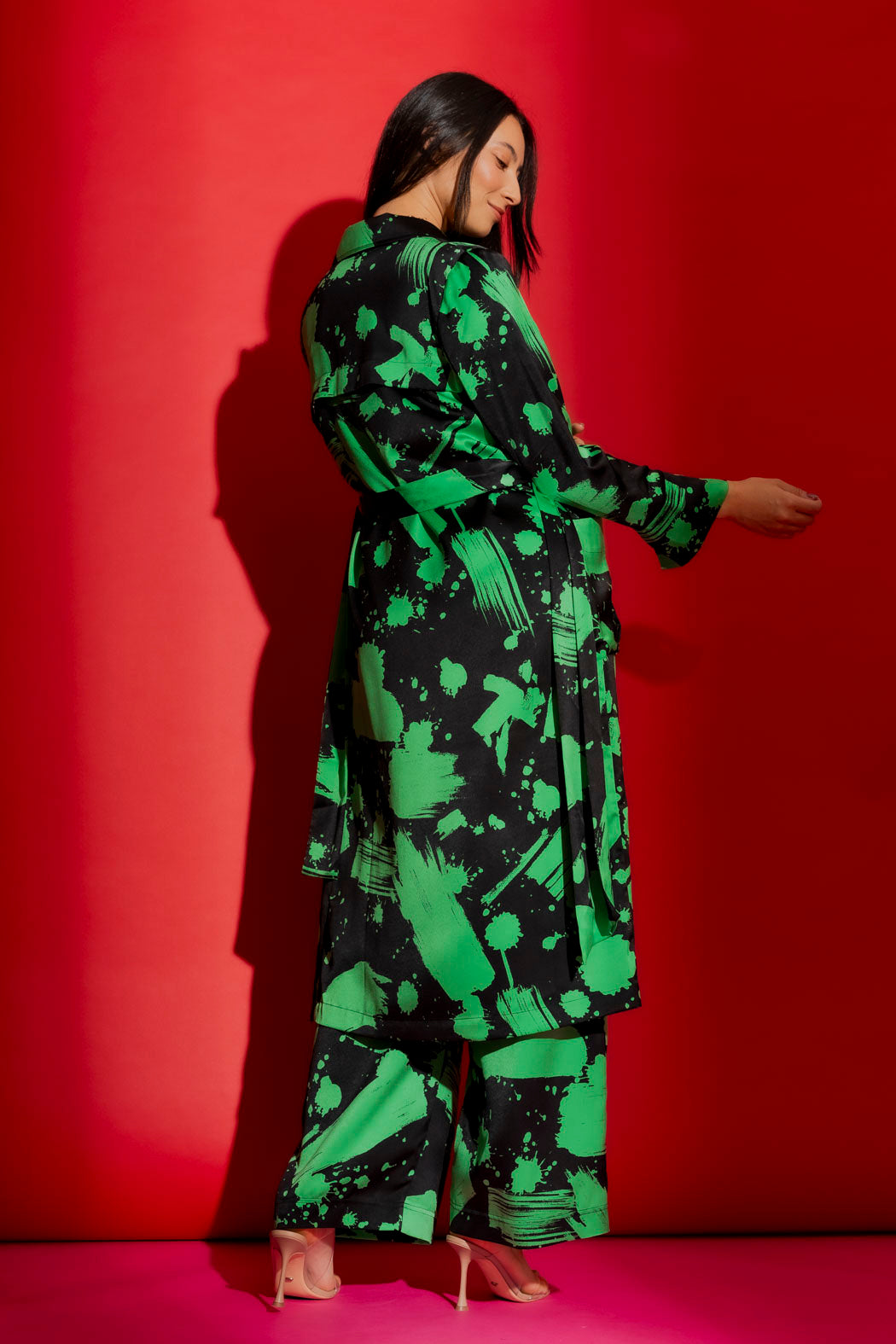 Black/Green Print Trench Coat