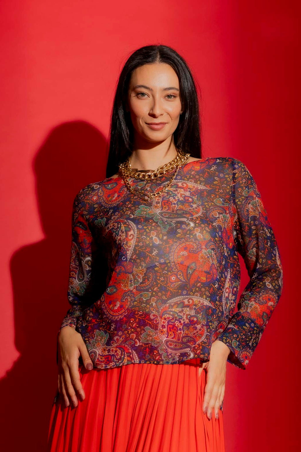 Red Paisley Chiffon Top