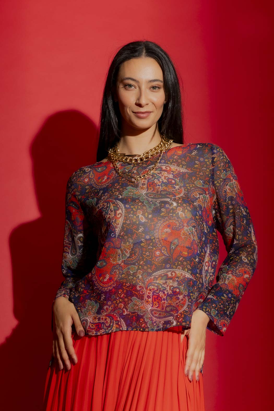 Red Paisley Chiffon Top