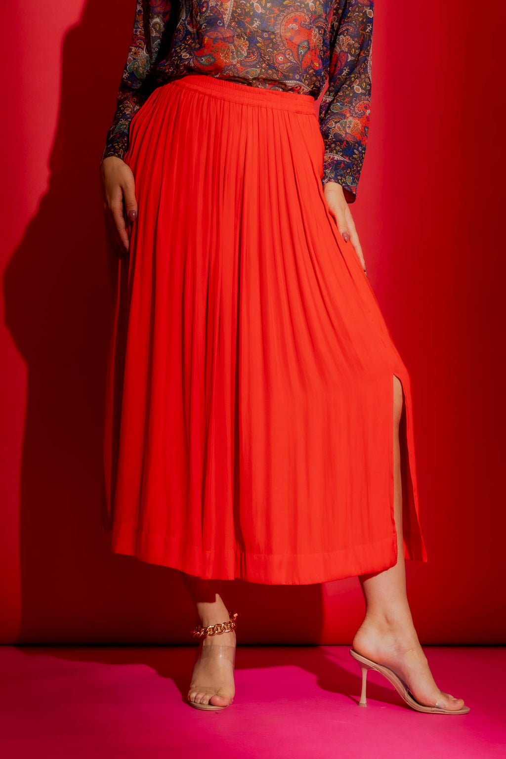 Red Silky Pleat Skirt