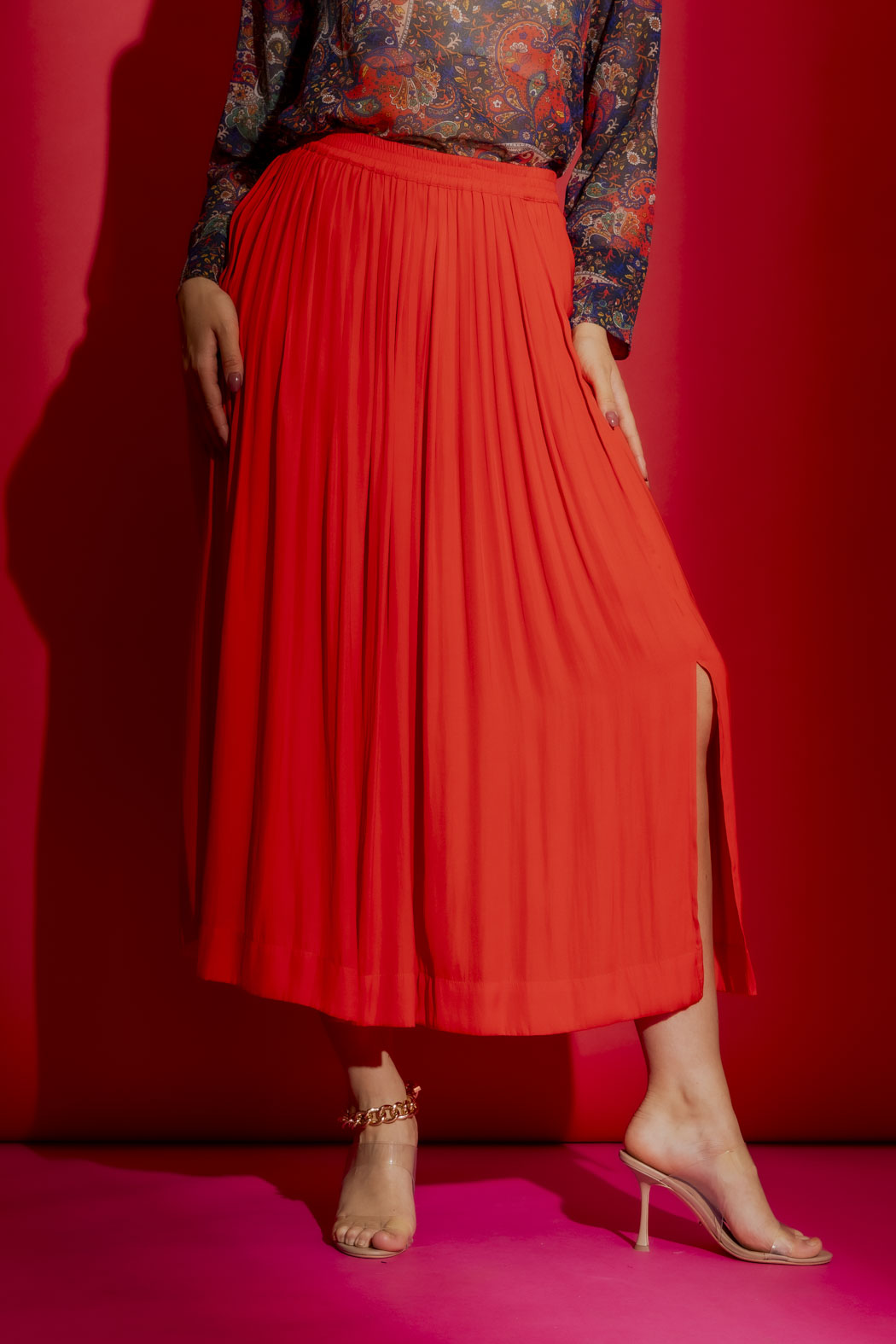 Red Silky Pleat Skirt