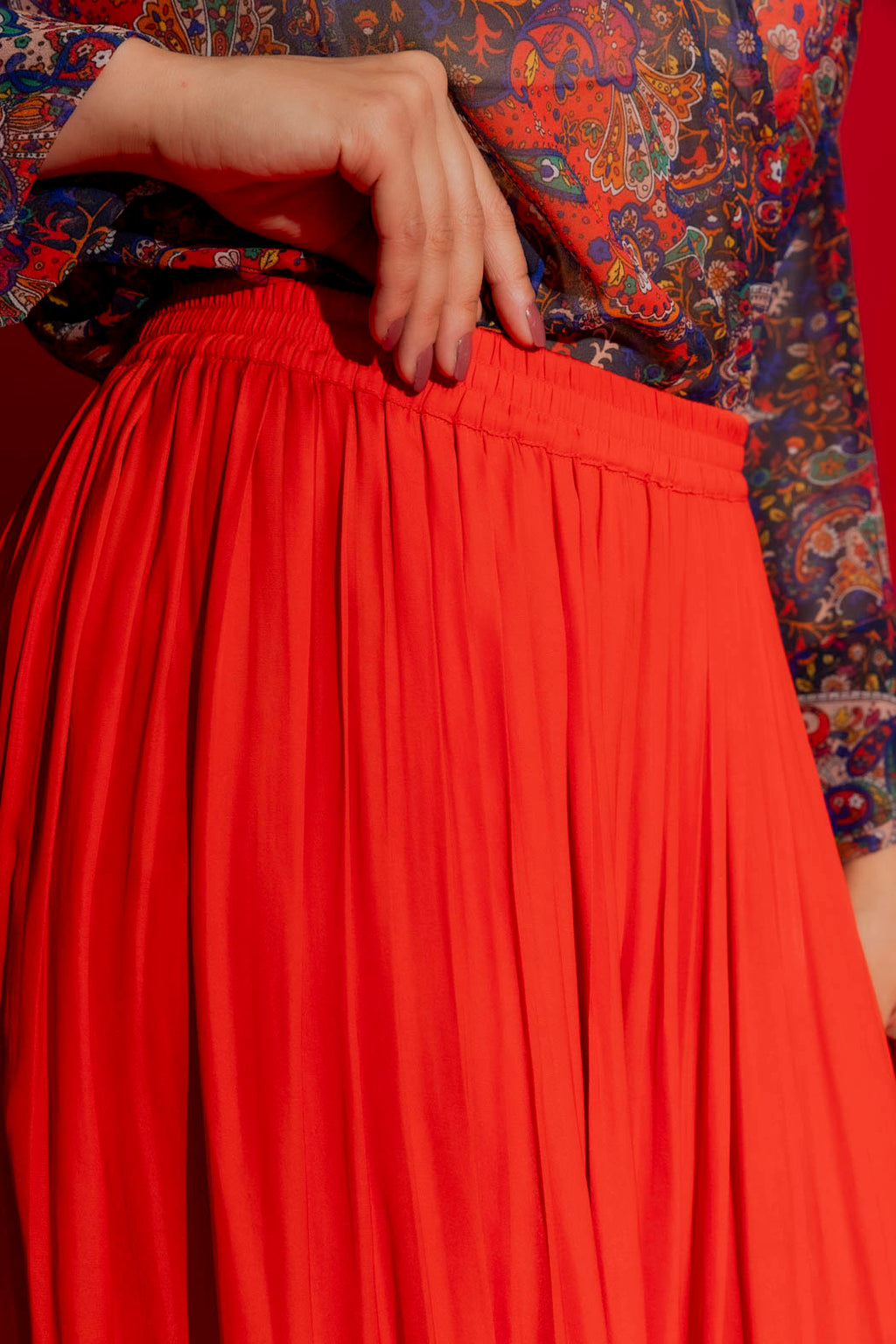 Red Silky Pleat Skirt