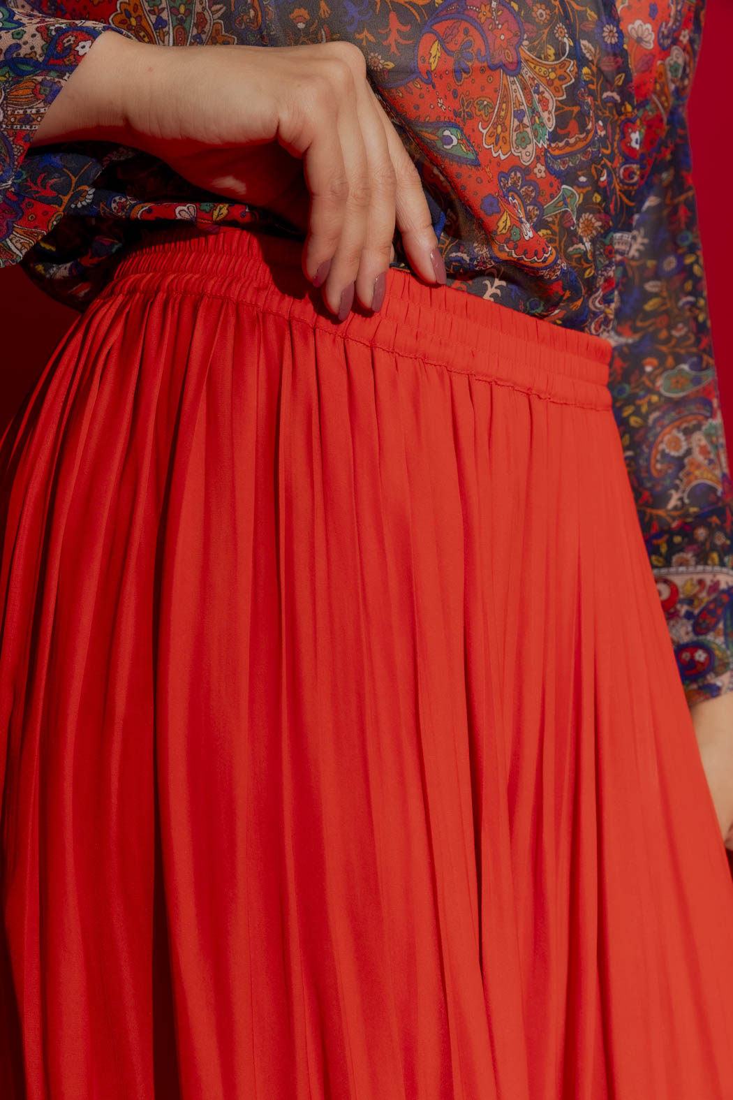 Red Silky Pleat Skirt