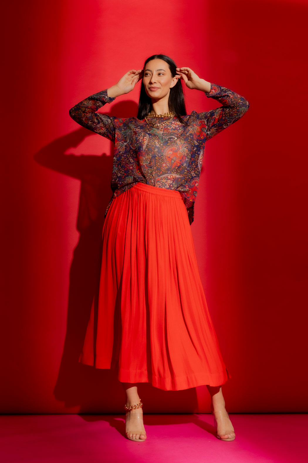 Red Silky Pleat Skirt