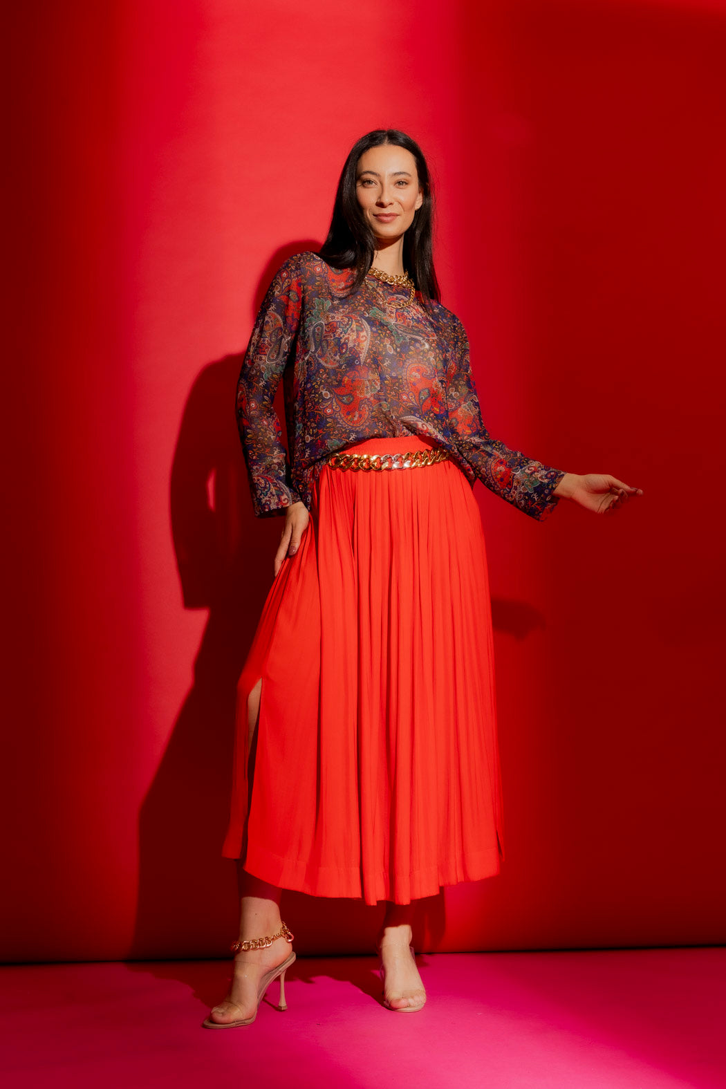 Red Silky Pleat Skirt