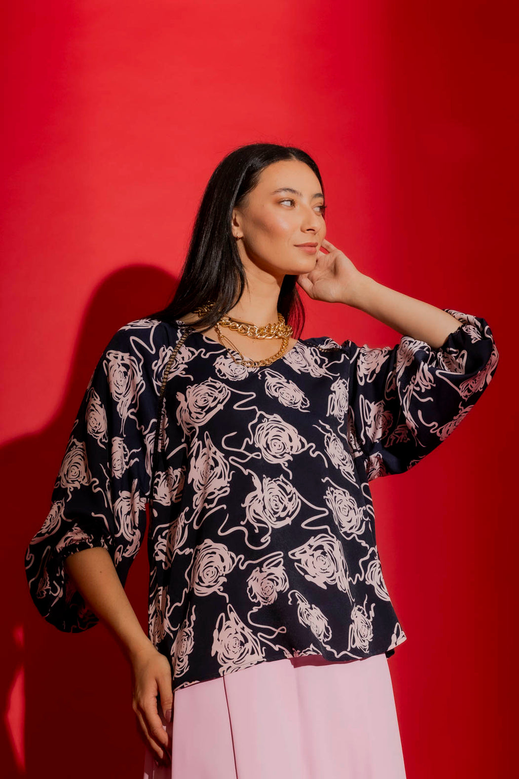 Navy/Pink Boho V Neck Blouse