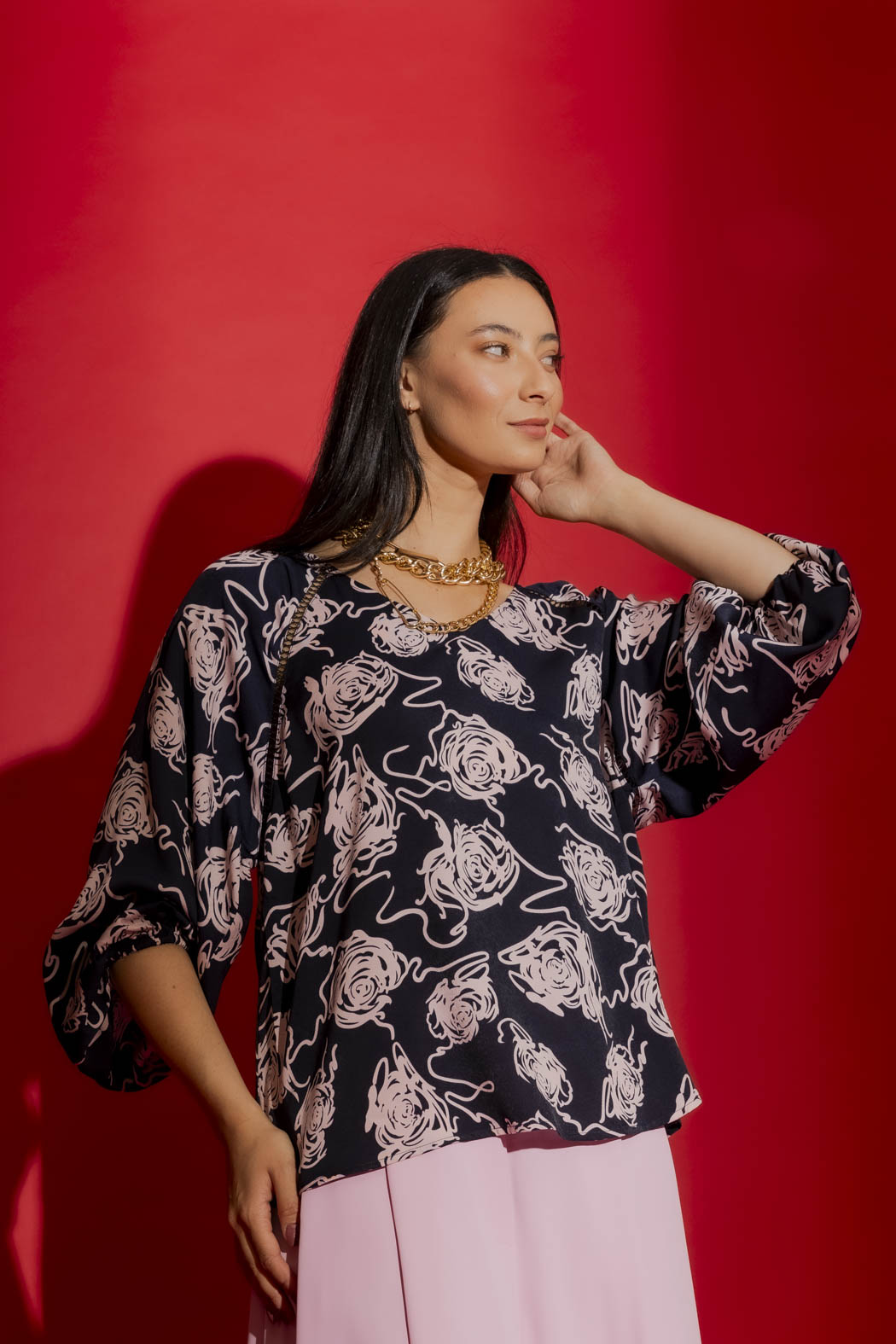 Navy/Pink Boho V Neck Blouse