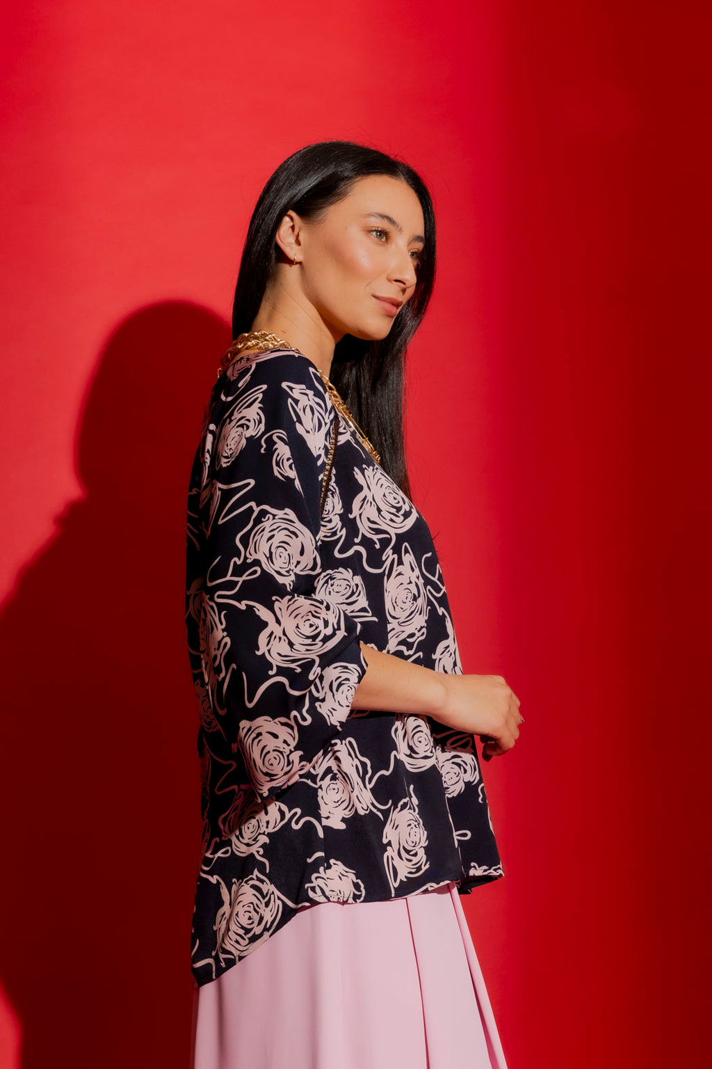 Navy/Pink Boho V Neck Blouse