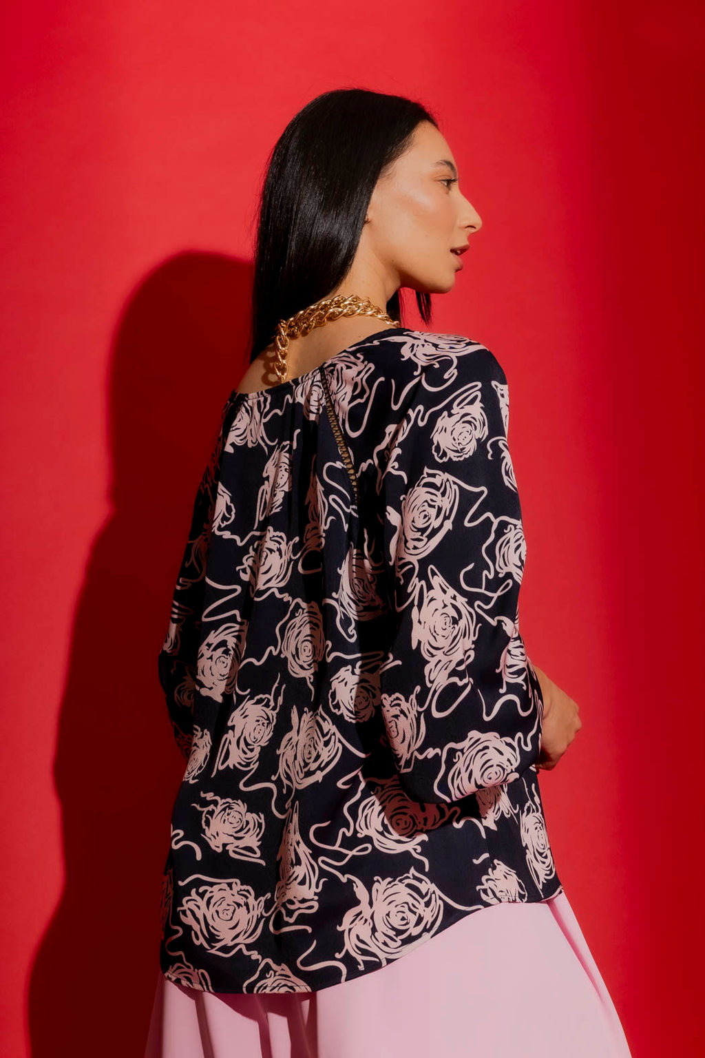 Navy/Pink Boho V Neck Blouse