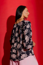 Navy/Pink Boho V Neck Blouse