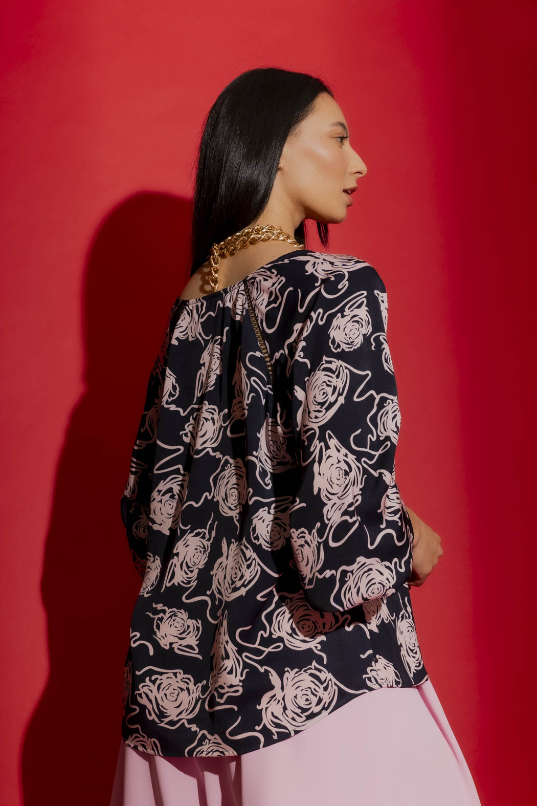 Navy/Pink Boho V Neck Blouse