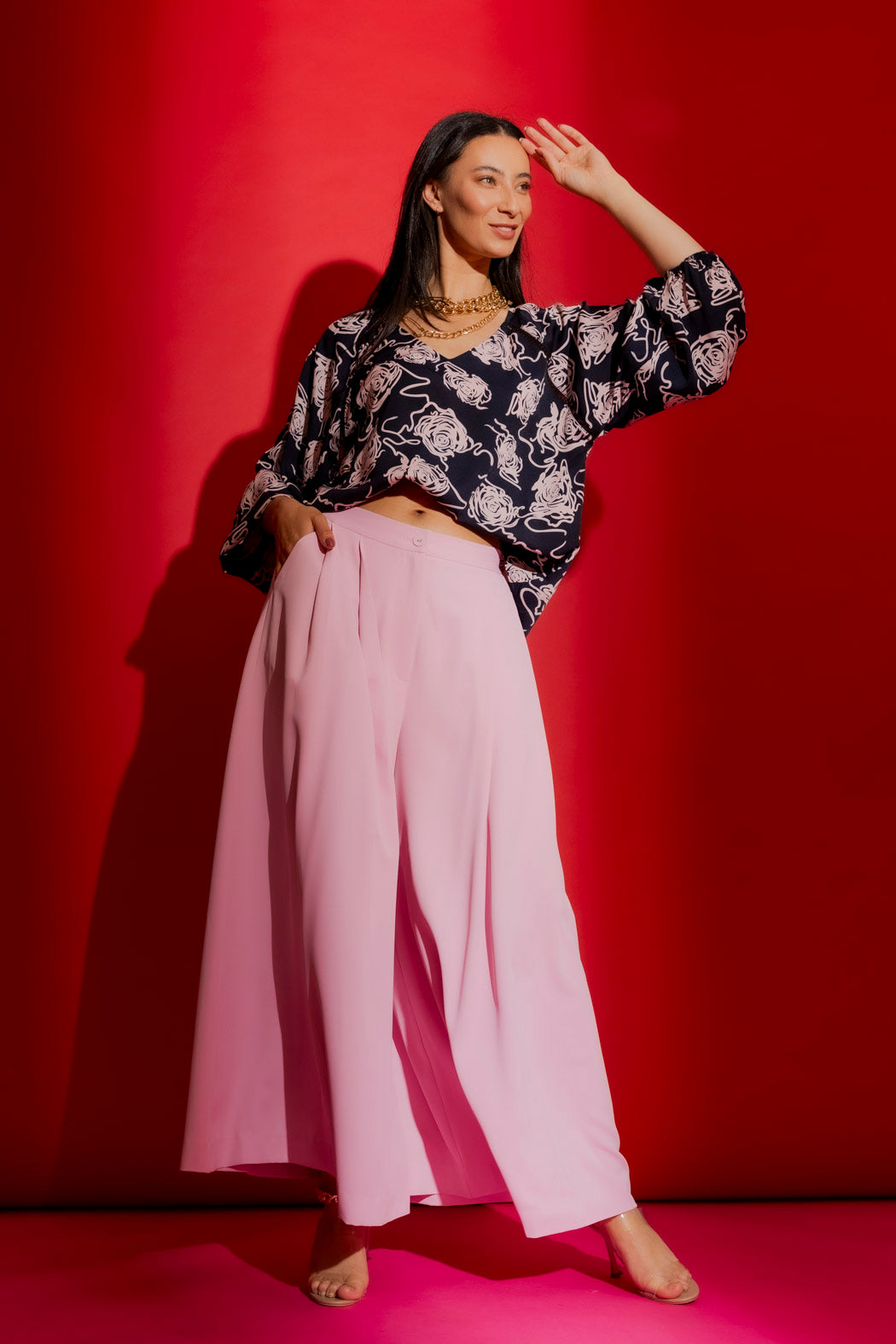 Navy/Pink Boho V Neck Blouse