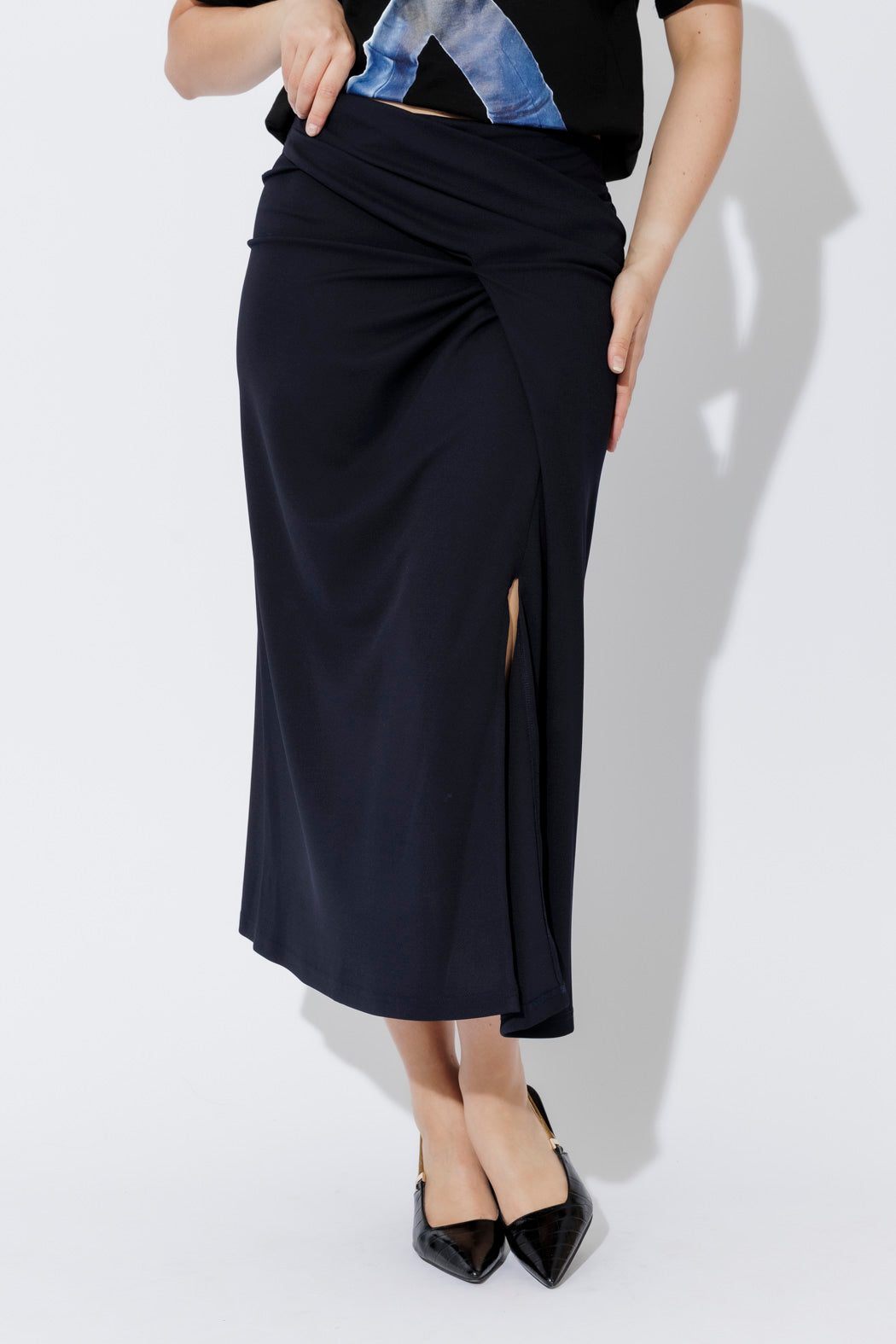 Navy Drape Front Skirt
