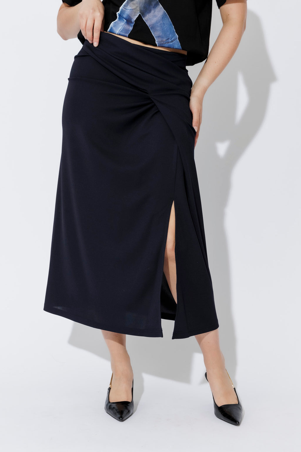 Navy Drape Front Skirt