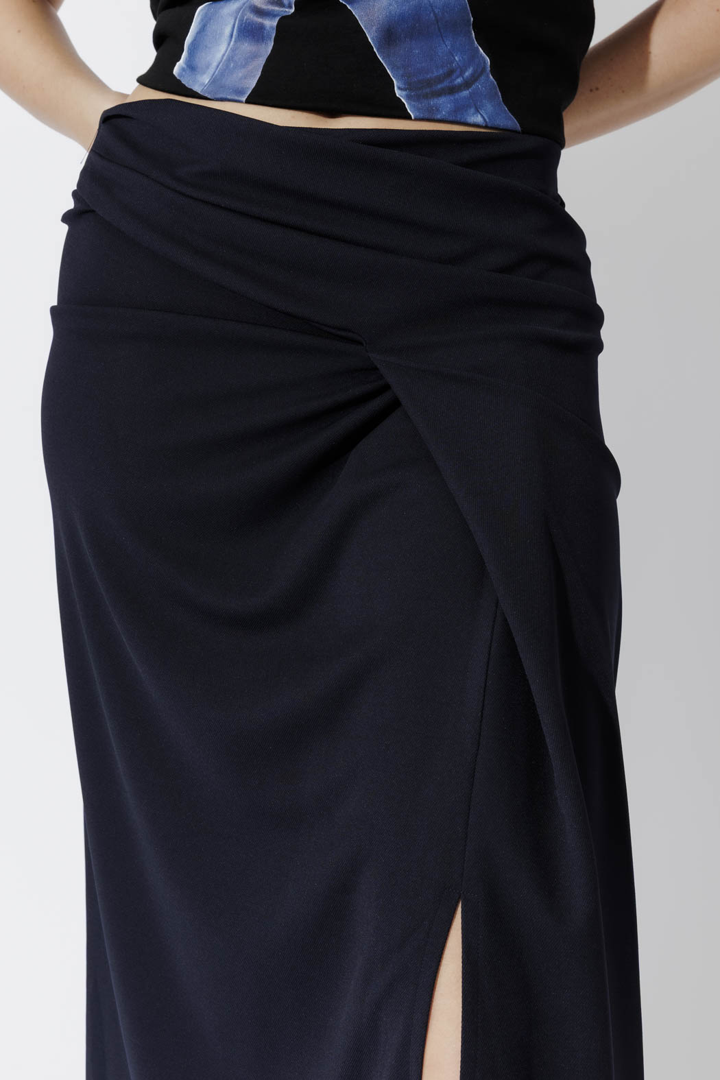 Navy Drape Front Skirt