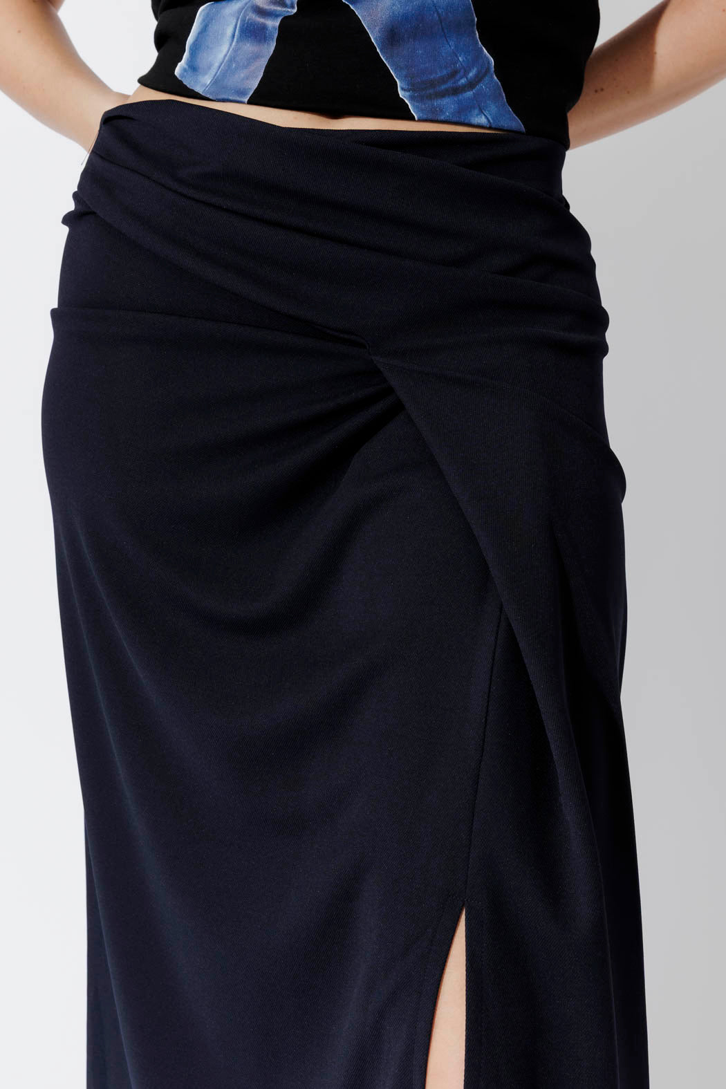 Navy Drape Front Skirt