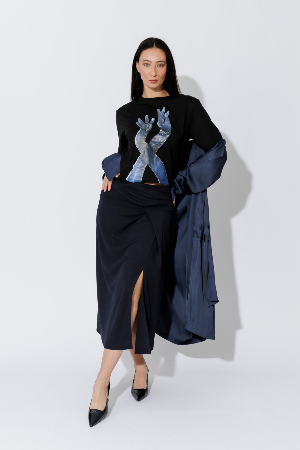 Navy Drape Front Skirt