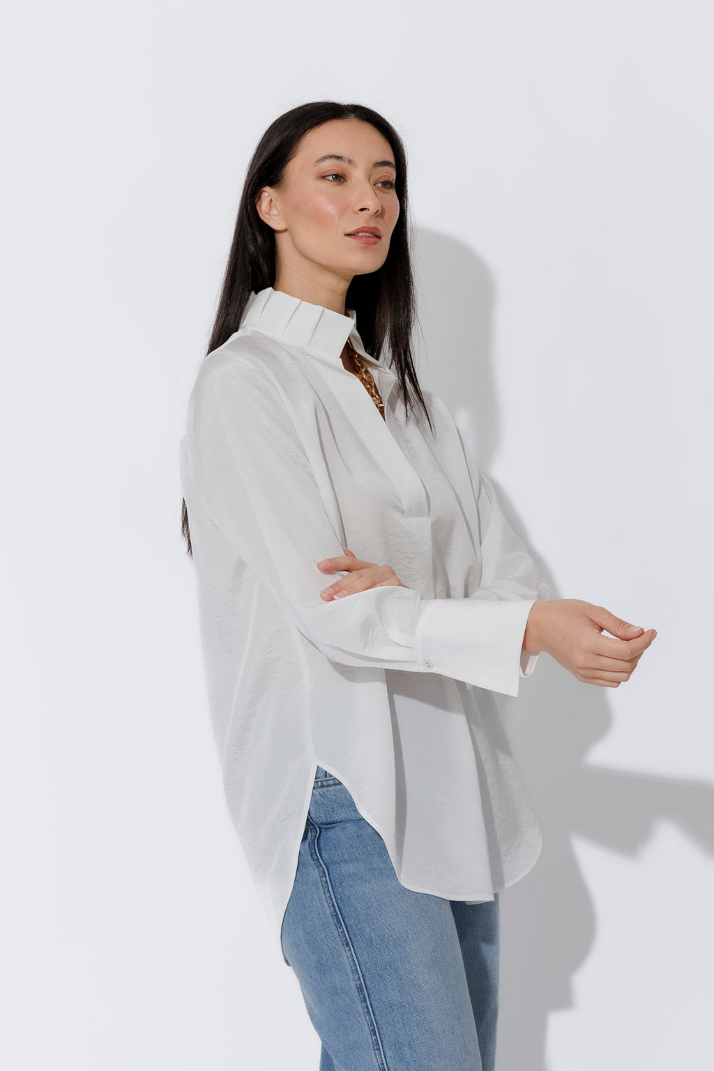 White Shot Silky Pleat Shirt