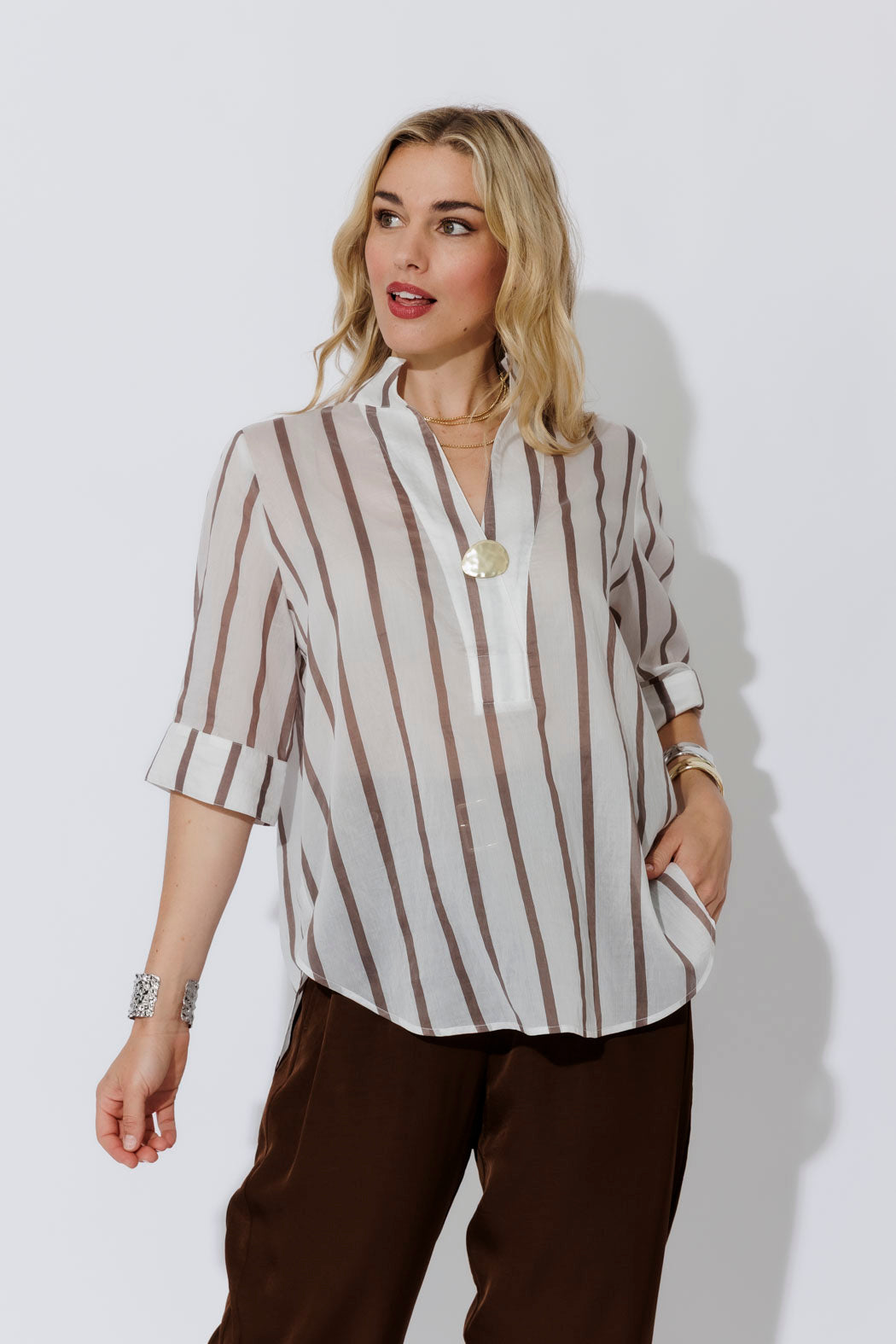 Brown Stripe Oversized Blogger Shirt