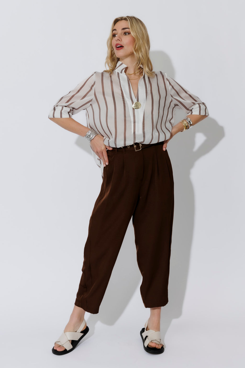 Brown Stripe Oversized Blogger Shirt