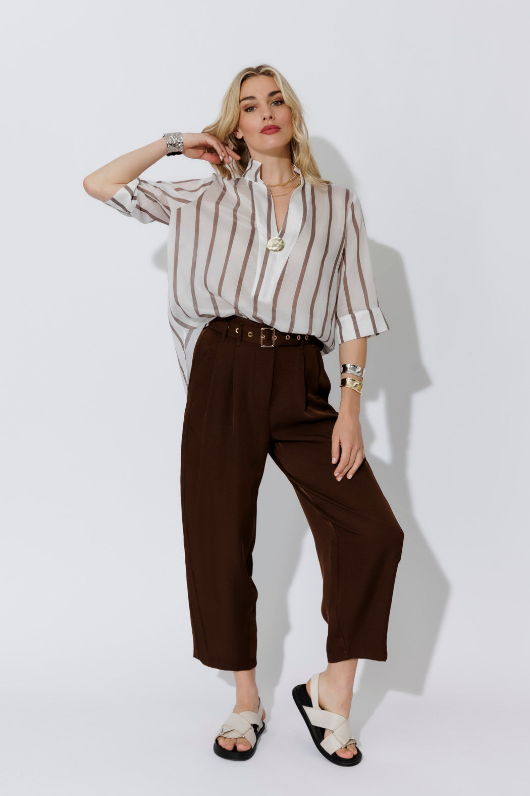 Brown Stripe Oversized Blogger Shirt
