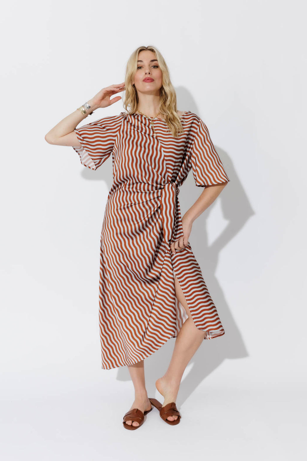 Blue/Tan Glow Fluted Harlow Dress