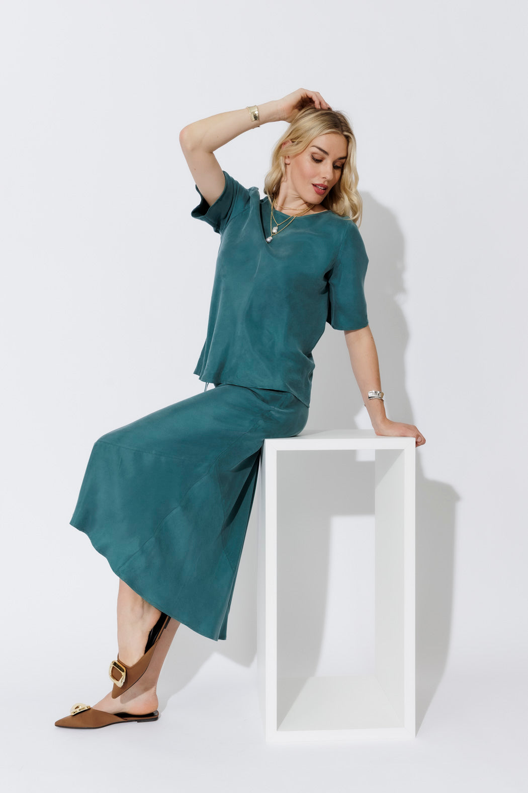 Teal Cupro Bias Skirt