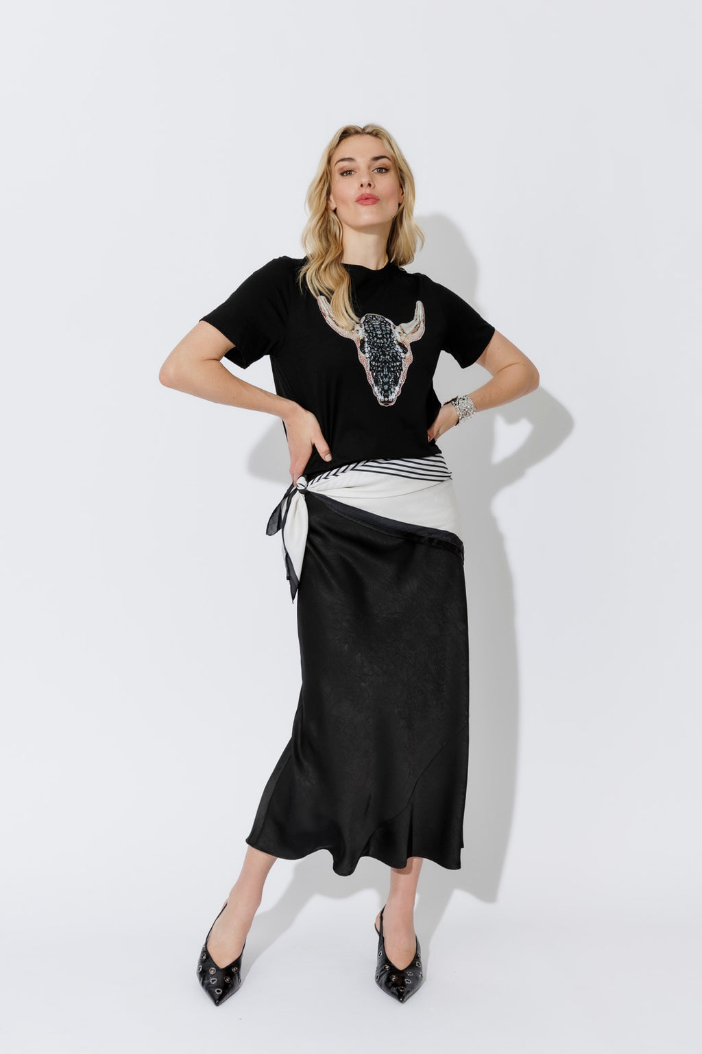 Black Embossed Bias Skirt