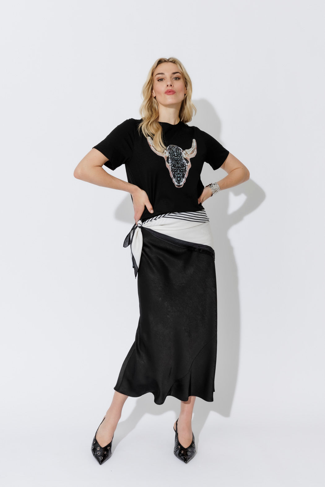 Black Embossed Bias Skirt