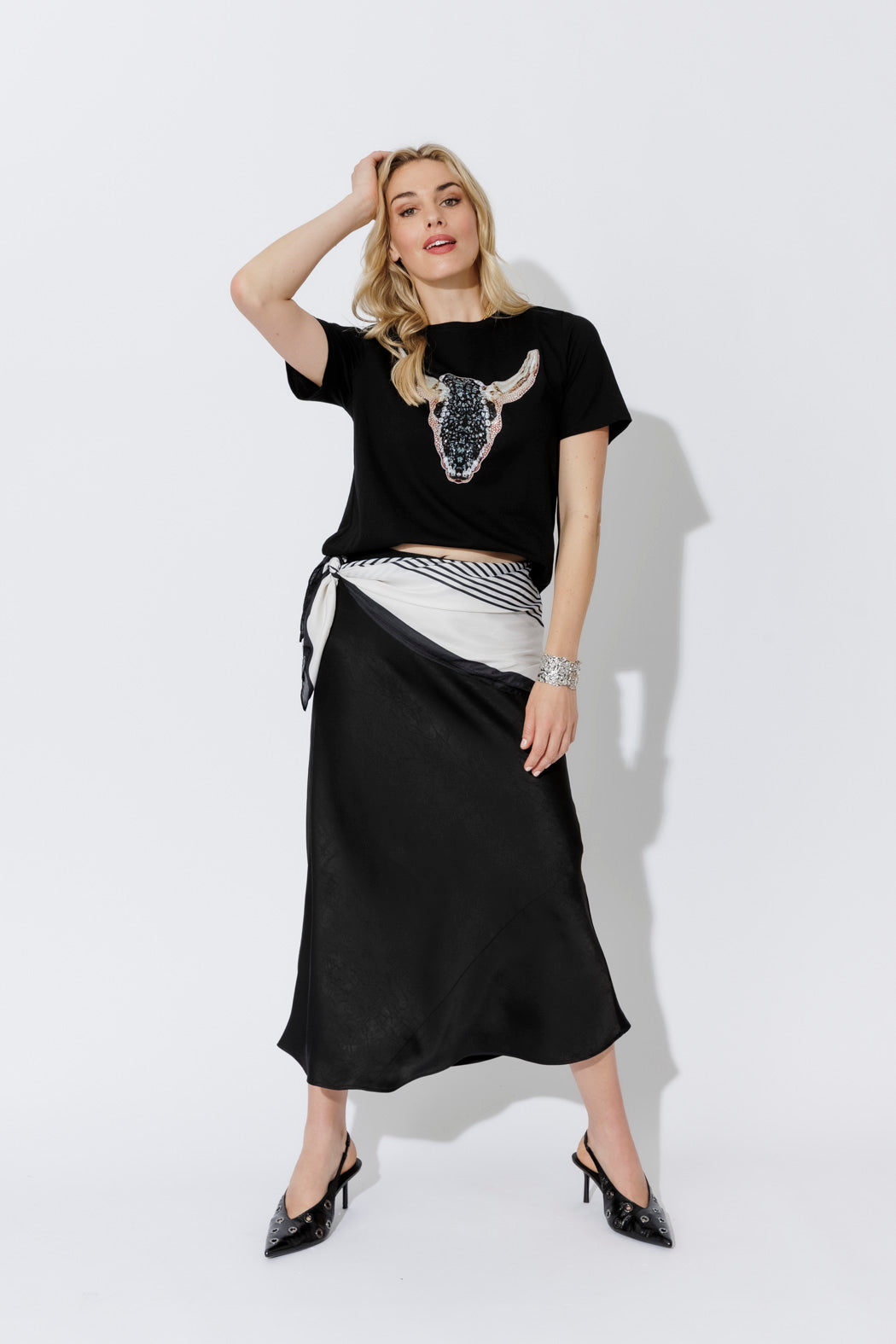 Black Embossed Bias Skirt