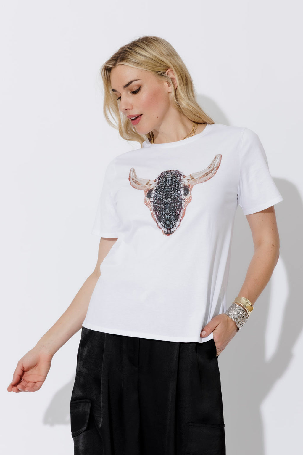White Horn Embellished T-Shirt