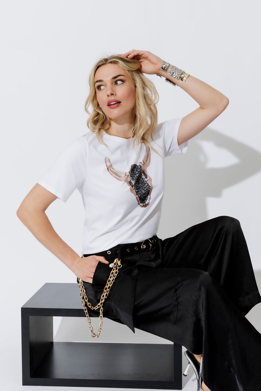 White Horn Embellished T-Shirt